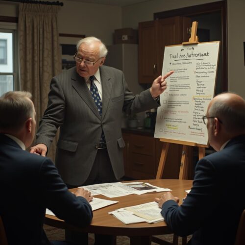 Älterer Mann präsentiert WEG-Jahresabrechnung 2022 vor kritischem Publikum, symbolisiert Gemeinschaftskonflikt.