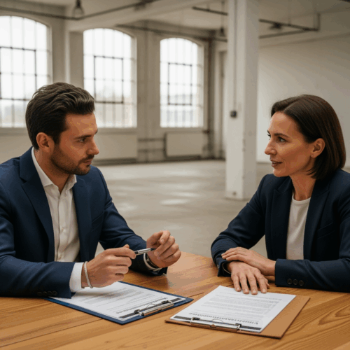 Zwei Personen diskutieren über die Kündigung eines Gewerbemietvertrags bei Insolvenz an einem Tisch.