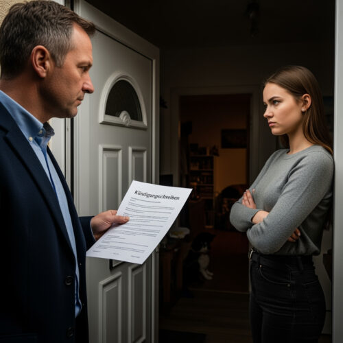 Ein Vermieter überreicht einer Mieterin die Eigenbedarfskündigung für ihr Einfamilienhaus.