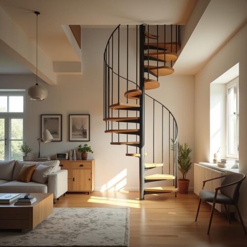 Die elegante Spiraltreppe in dieser modernen Wohnstube verkörpert den Dachausbau, der mangels Grundbucheintrag einen WEG-Streit über die notwendige Änderung der Teilungserklärung und den damit verbundenen hohen Streitwert auslöste.