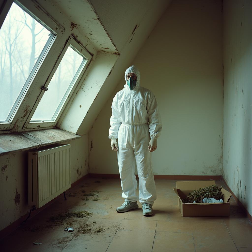 Ein Sachverständiger sichert Proben des Schimmelbefalls in der unbewohnbaren Mietwohnung für das Schadensersatz-Gutachten.