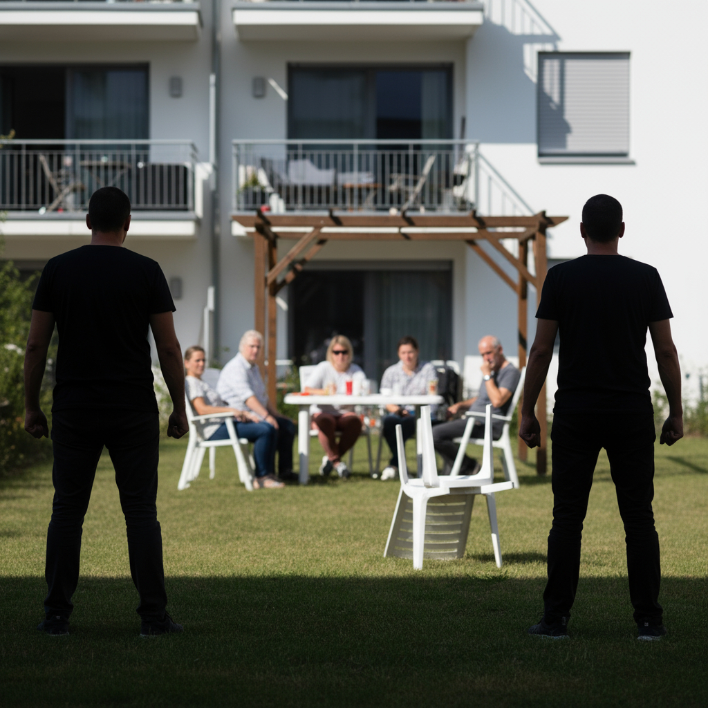 Dunkle Silhouetten zweier wütender Wohnungseigentümer, die abrupt die Versammlung verlassen.