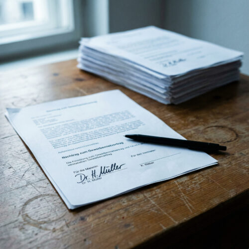 Nahaufnahme des "Nachtrag zum Gewerbemietvertrag" mit einer hastigen Unterschrift; die zweite Zeile bleibt leer, ein Kugelschreiber liegt darauf.