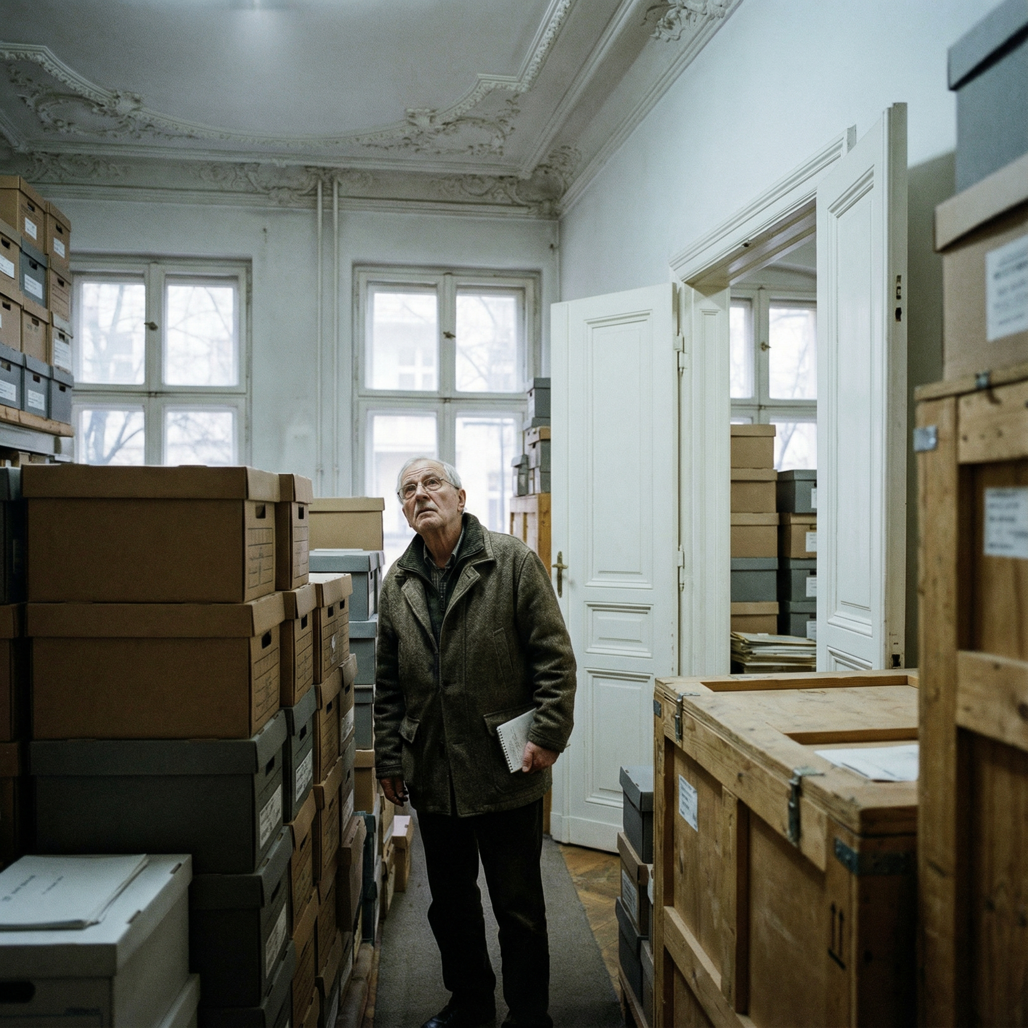 Ein älterer Sammler steht isoliert zwischen klinischen, haushohen Stapeln von Archivkästen in einer riesigen Altbauwohnung.