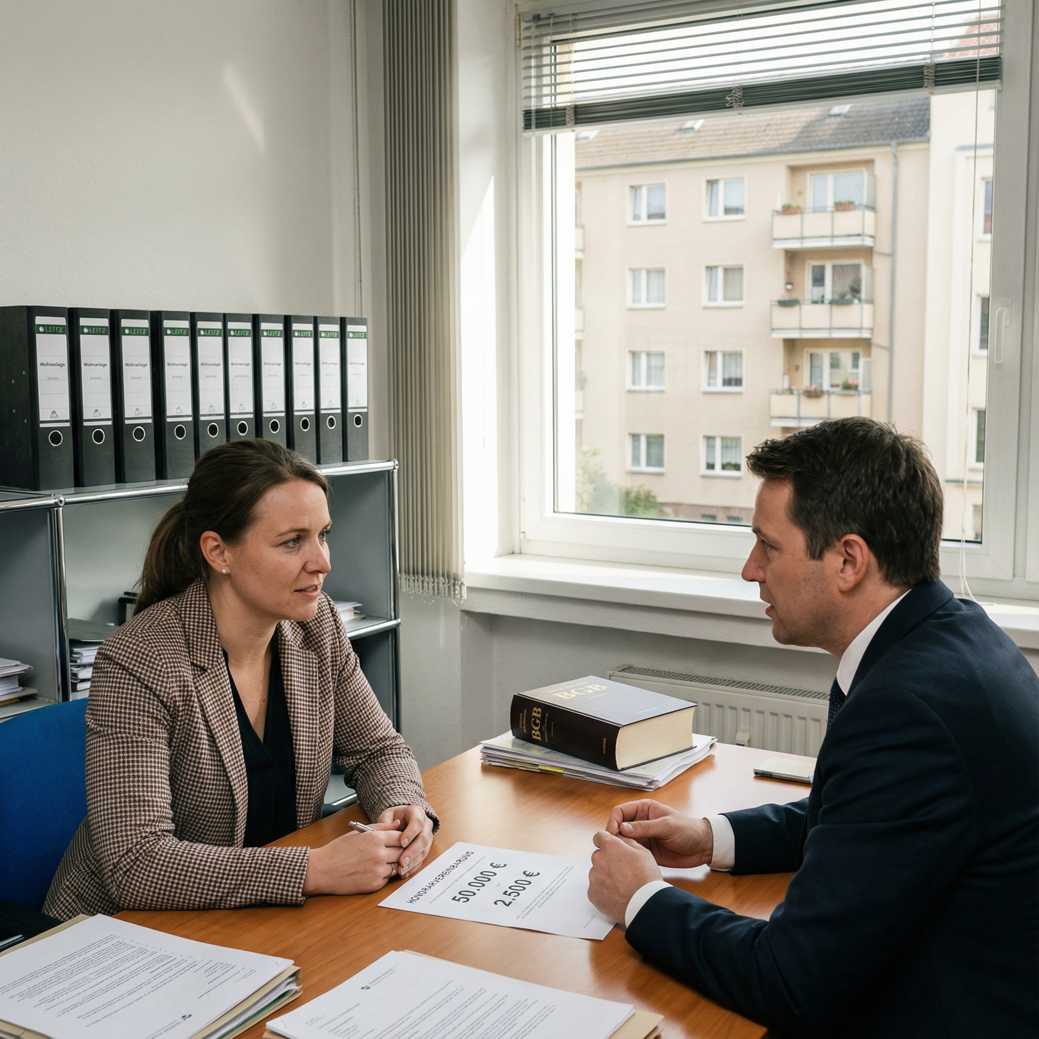 Verwalterin schiebt einem Anwalt geschäftsmäßig eine Honorarvereinbarung mit hohen Beträgen über einen Tisch mit Aktenordnern.