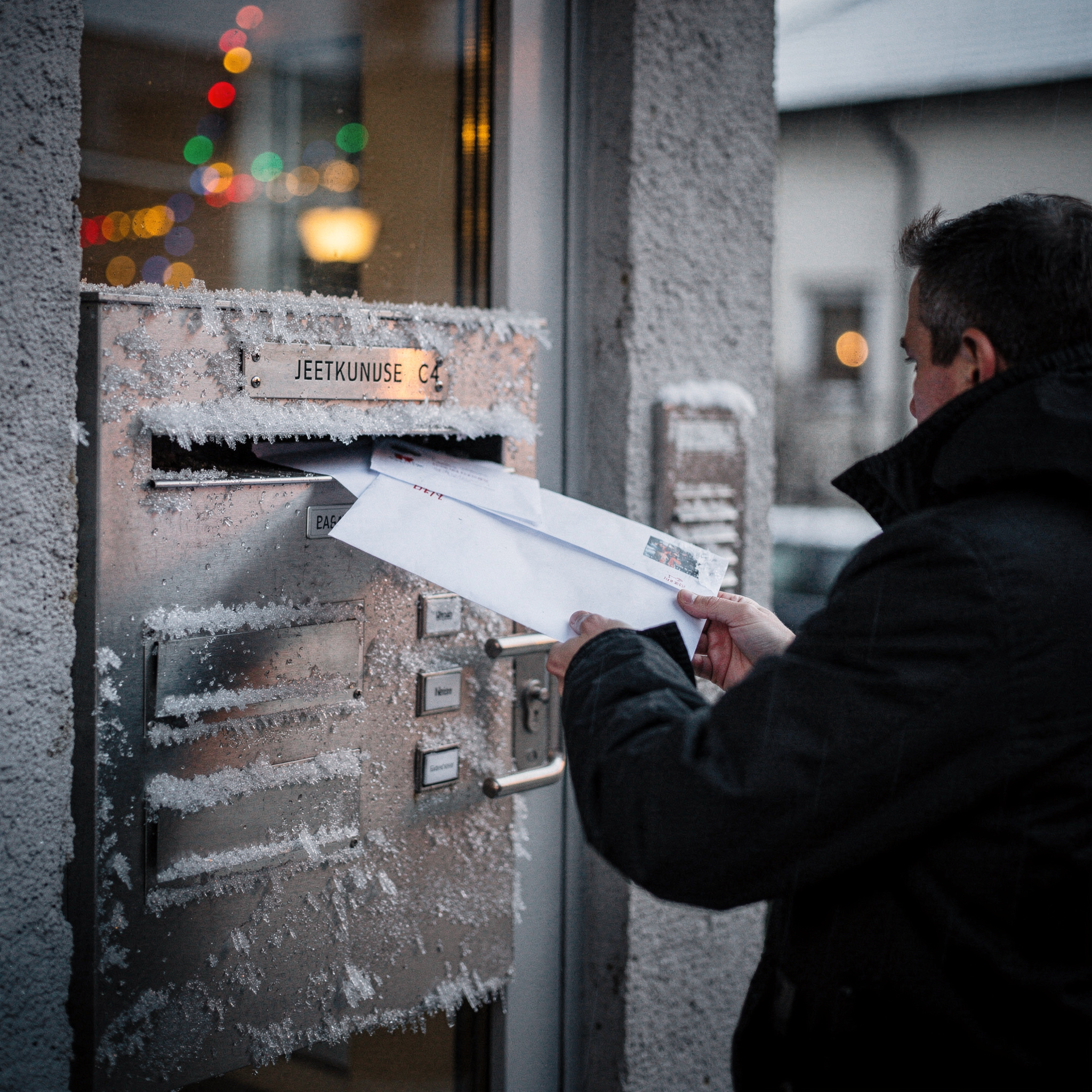 Ein dicker Briefumschlag wird bei Dämmerung hastig in einen frostigen Briefkastenschlitz geschoben.