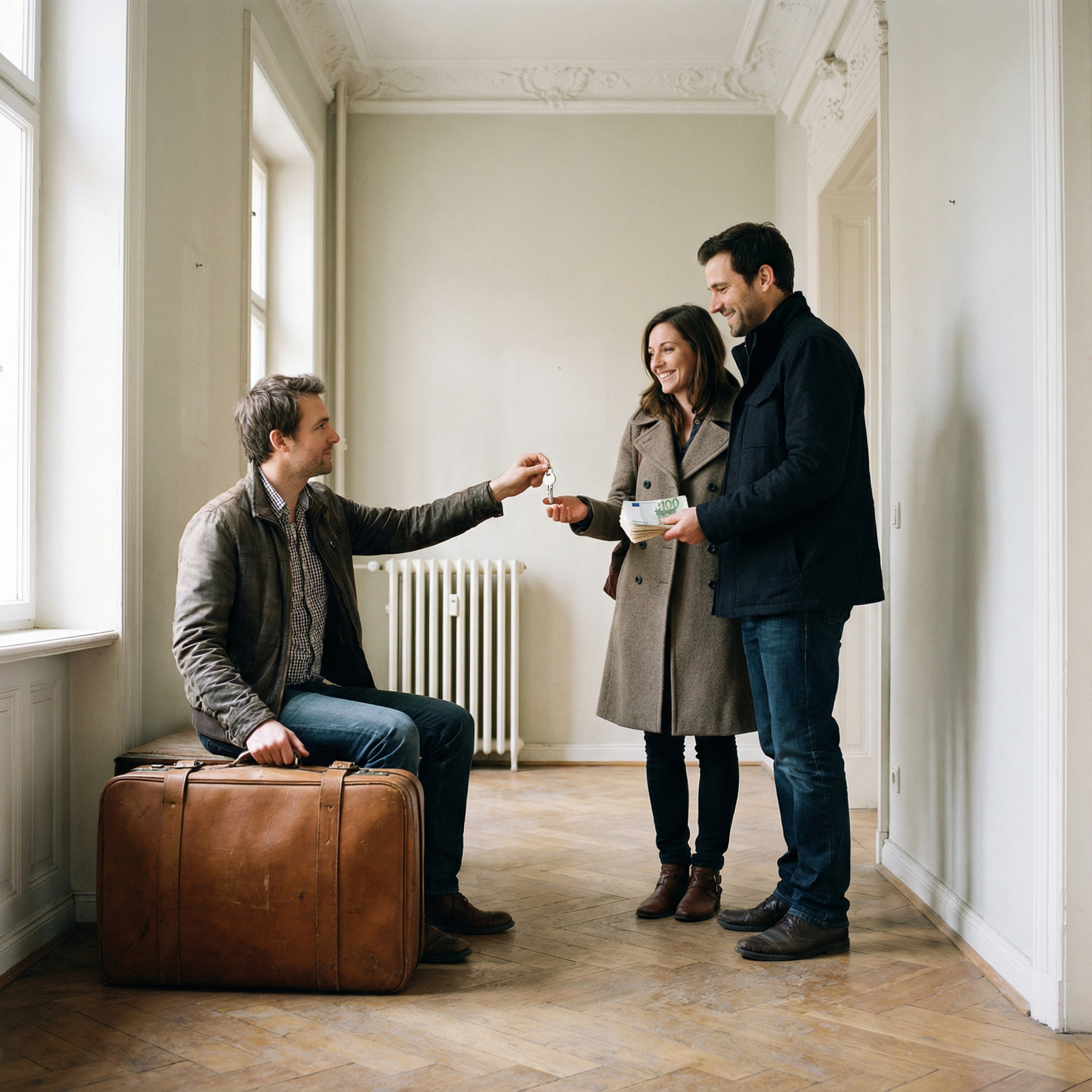 Ein Mann mit Koffer übergibt einem Paar im Altbauflur einen Schlüsselbund gegen ein dickes Bündel Geldscheine.