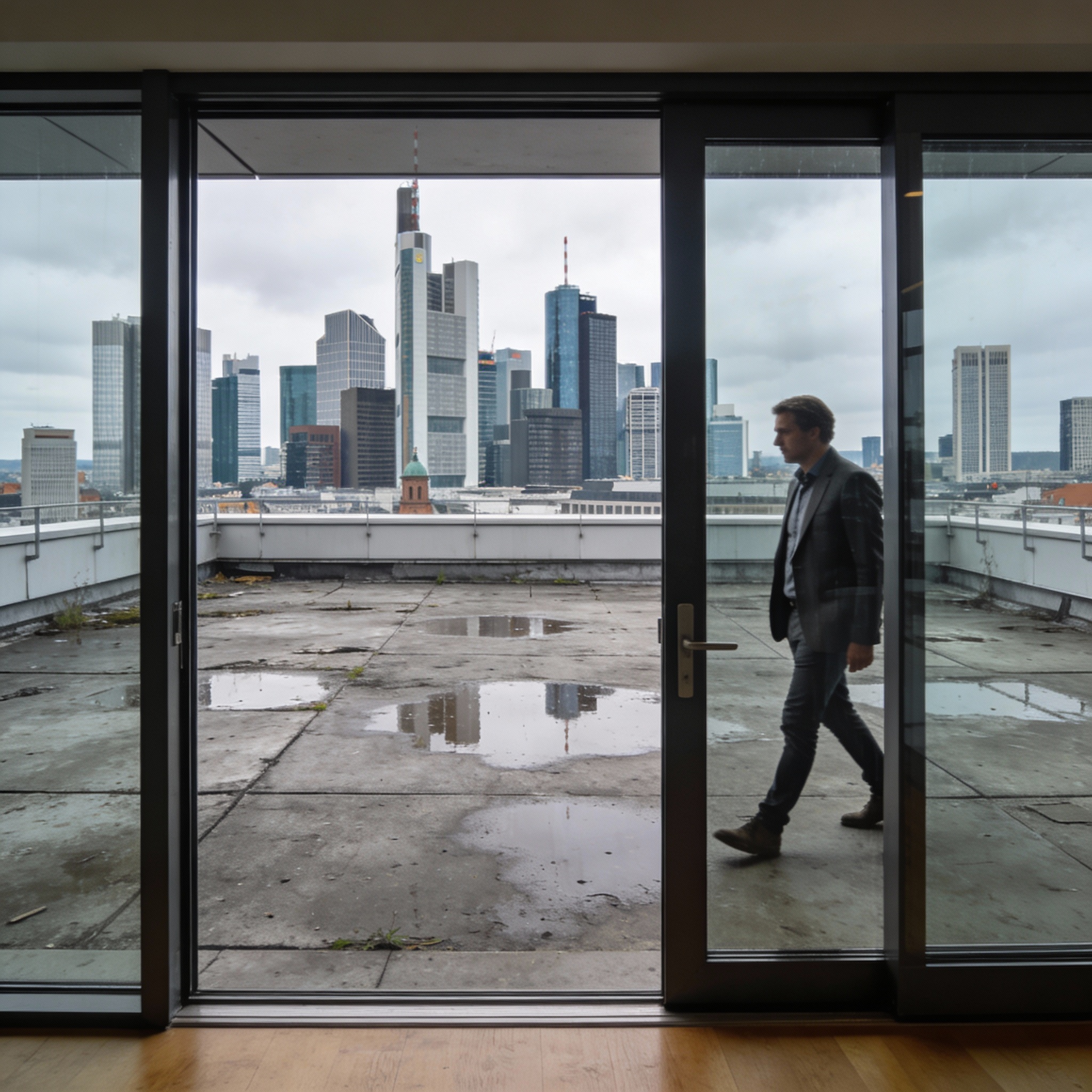 Große Pfützen auf dem nackten Beton einer trostlosen Dachterrasse, gesehen durch die Glastür eines Penthouses.