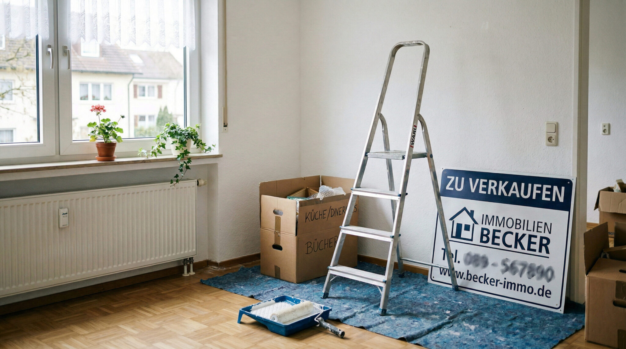 Ein „Zu verkaufen“-Schild lehnt provisorisch neben einer Stehleiter und Umzugskartons in einem frisch gestrichenen Raum.