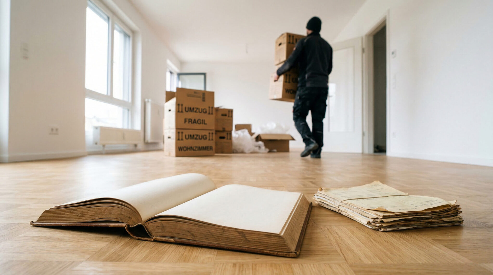 Mann trägt Umzugskartons in helle Wohnung; im Vordergrund liegen ein leeres Registerbuch und alte Rechnungen auf dem Boden.