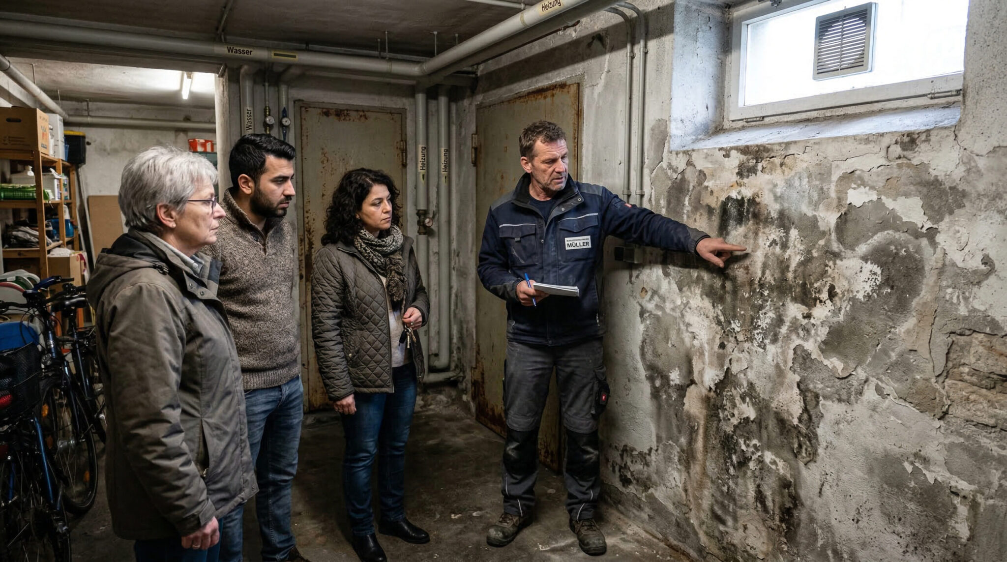 Handwerker zeigt besorgten Nachbarn einen großen Feuchtigkeitsschaden mit abblätterndem Putz an einer Kellerwand.