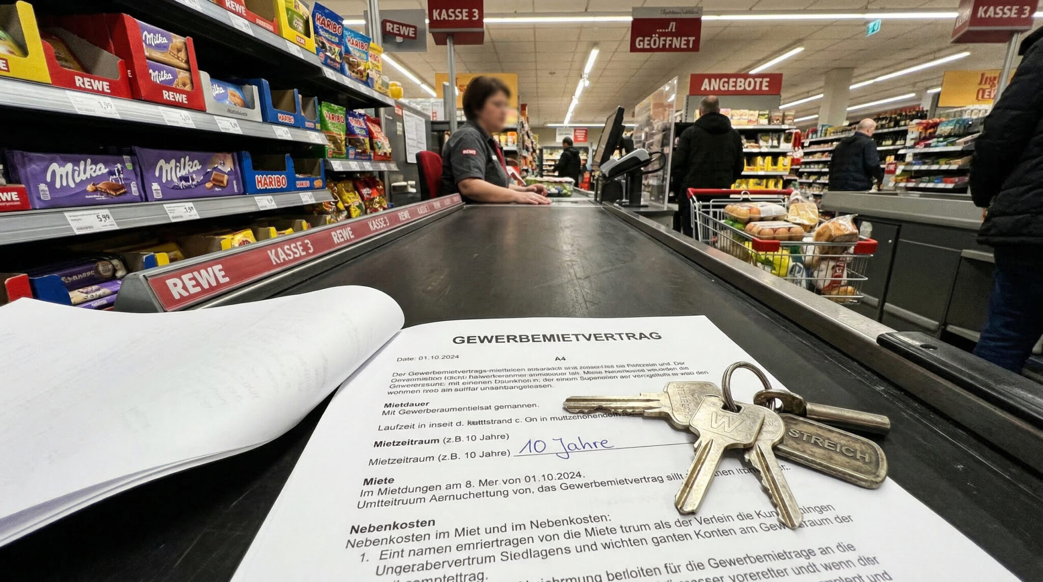 Gewerbemietvertrag mit handschriftlichem Zusatz '10 Jahre' auf einem Supermarkt-Kassenband, beschwert durch Schlüssel.