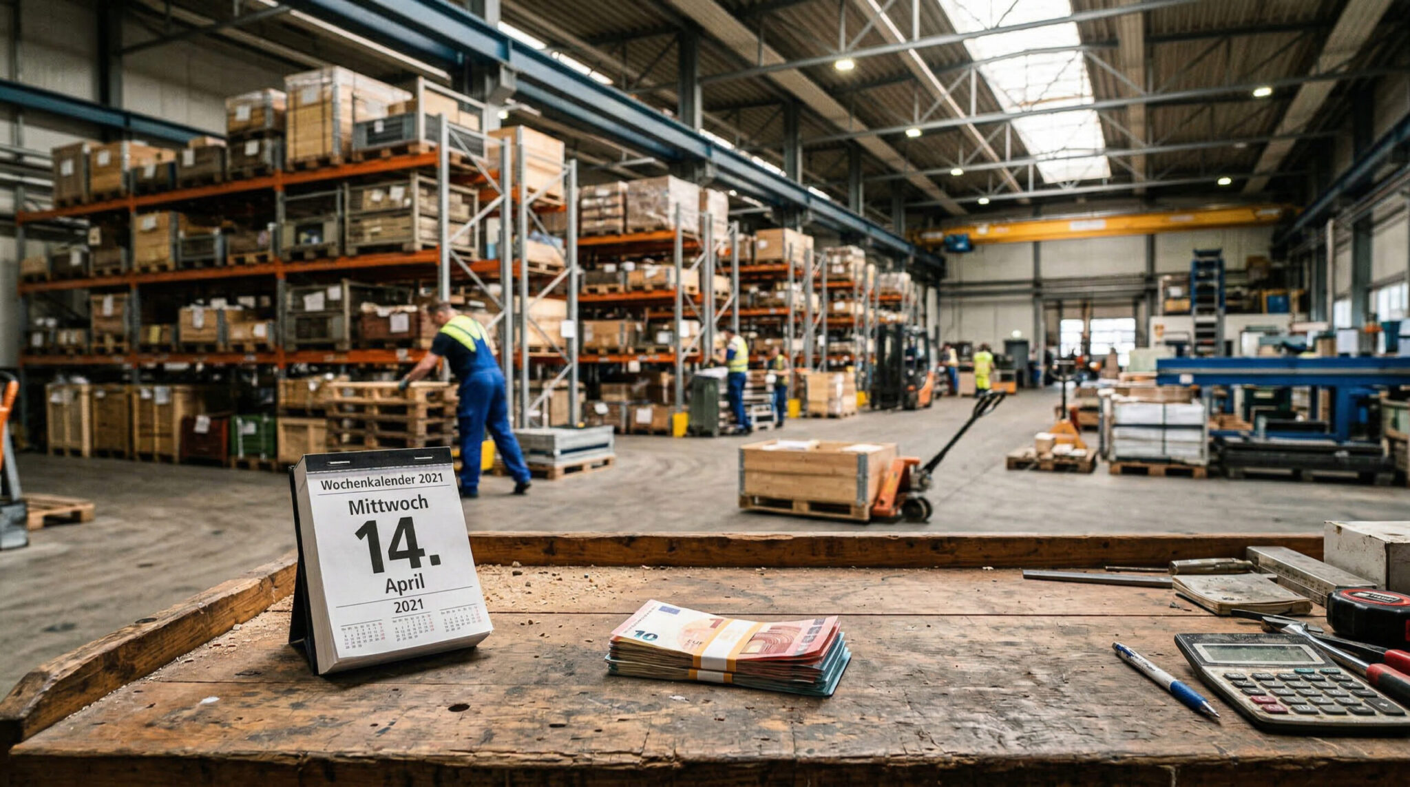 Gewerbehalle mit arbeitendem Mieter; im Fokus ein abgelaufener Tischkalender und ein unvollständiger Stapel Euro-Scheine.