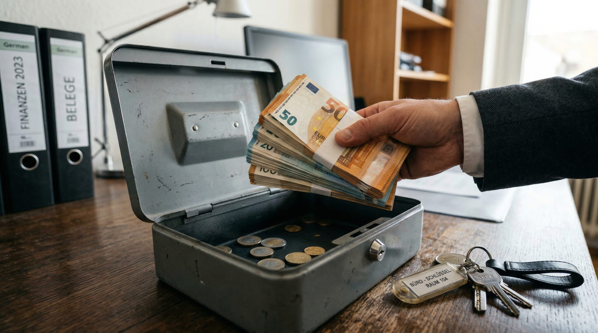 Hand nimmt dickes Euro-Geldbündel aus einer fast leeren Metallkassette; auf dem Schreibtisch liegt ein Schlüsselbund.