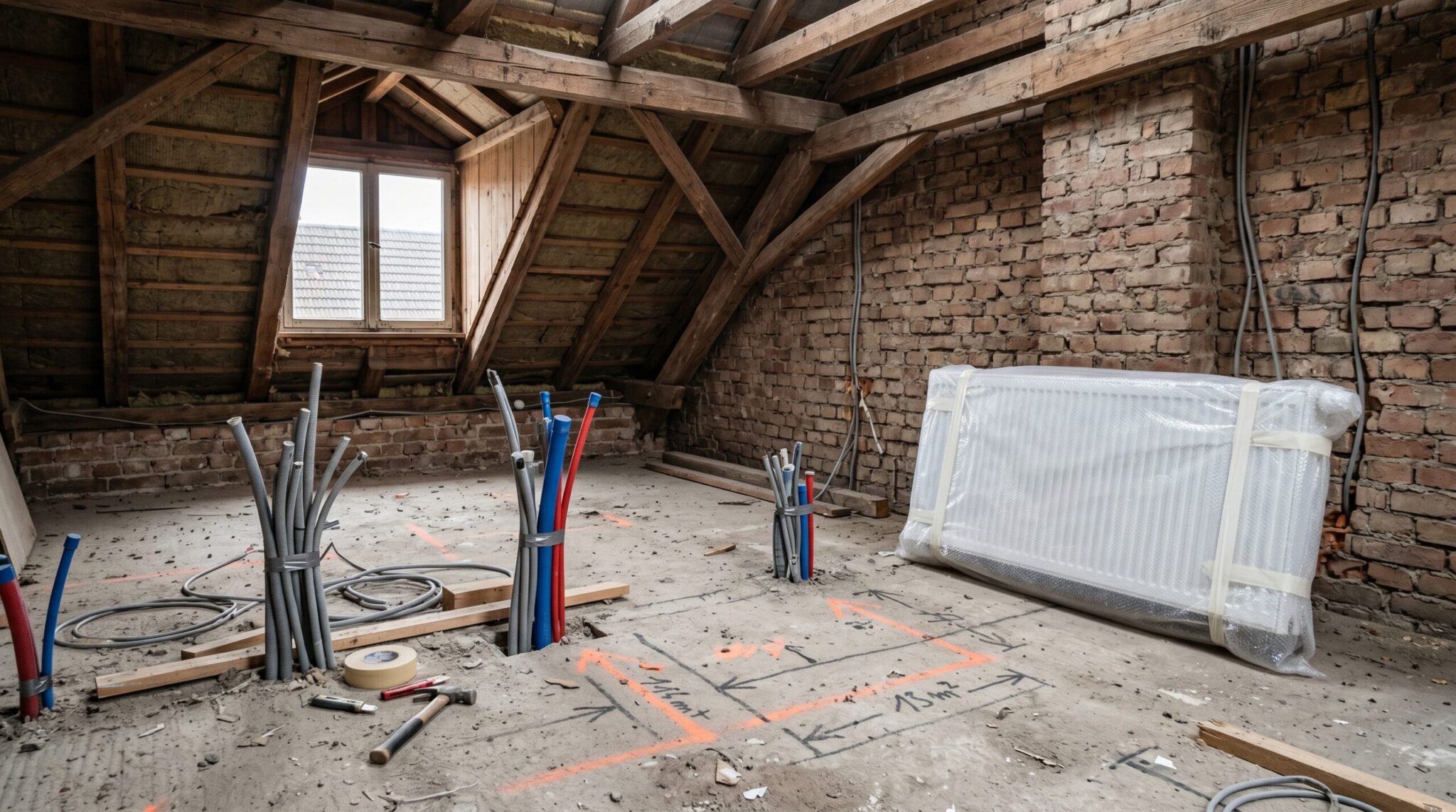 Unfertiger Dachgeschoss-Rohbau mit aus dem Boden ragenden Leitungen, Markierungen auf Estrich und nackten Dachbalken.