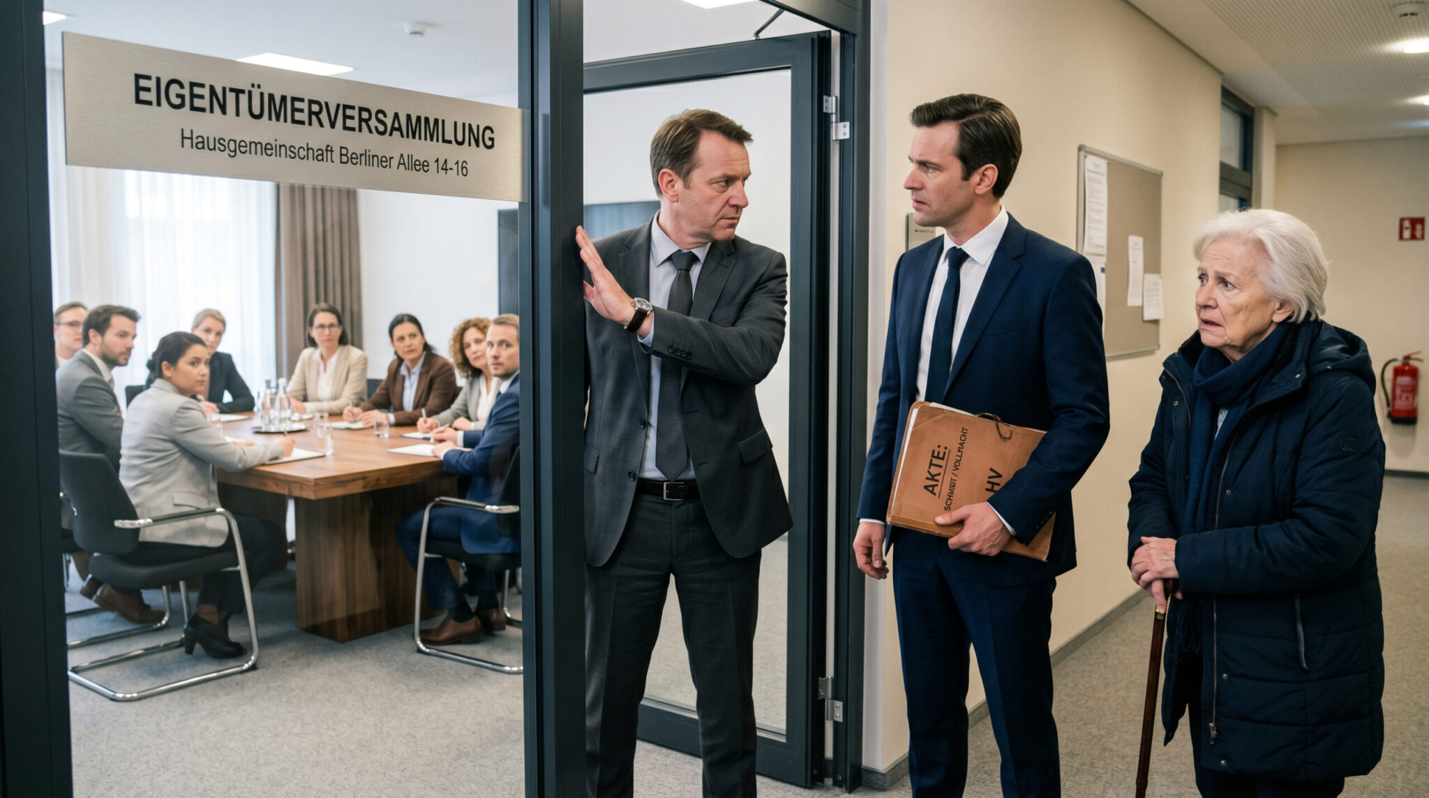 Ein Mann im Anzug wird an einer Tür mit der Aufschrift Eigentümerversammlung von einem Verwalter abgewiesen.