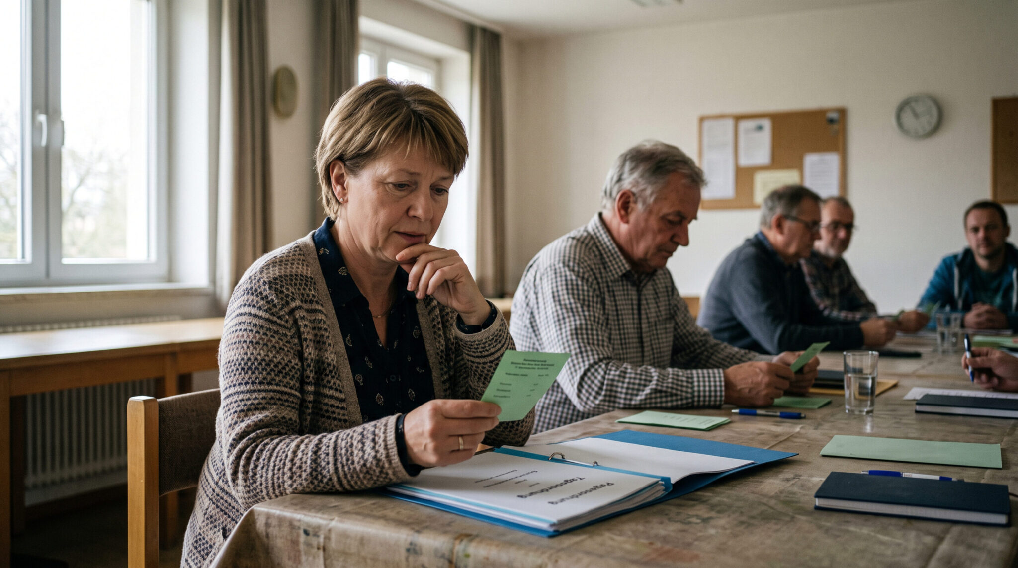 Einwohner prüfen Stimmzettel und Ordner zu Heizkosten bei einer ruhigen Sitzung