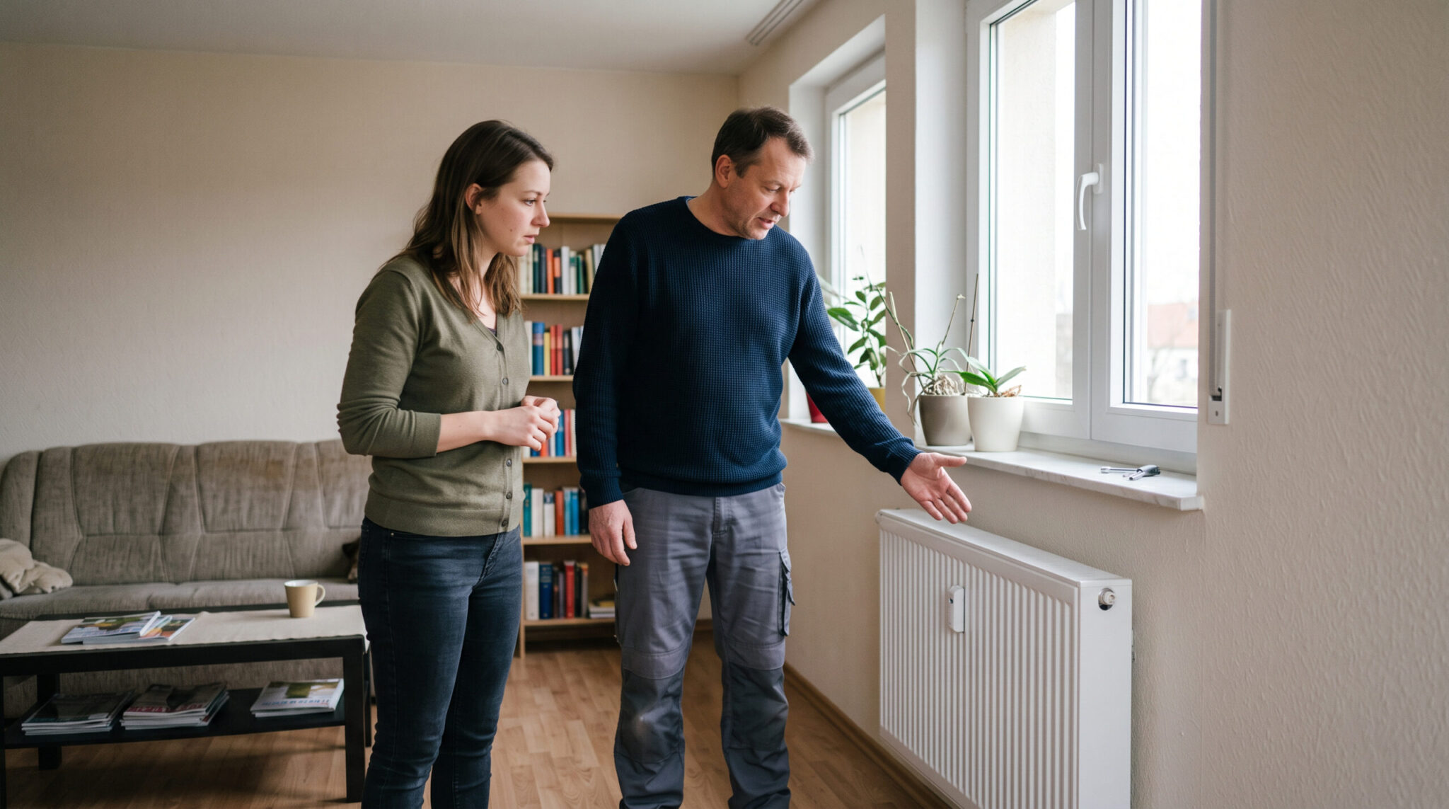 Vermieterin zeigt Mieterin neuen Heizkörper in schlichter Wohnung. Sachlicher Blick auf saubere Montage und einfache Modernis