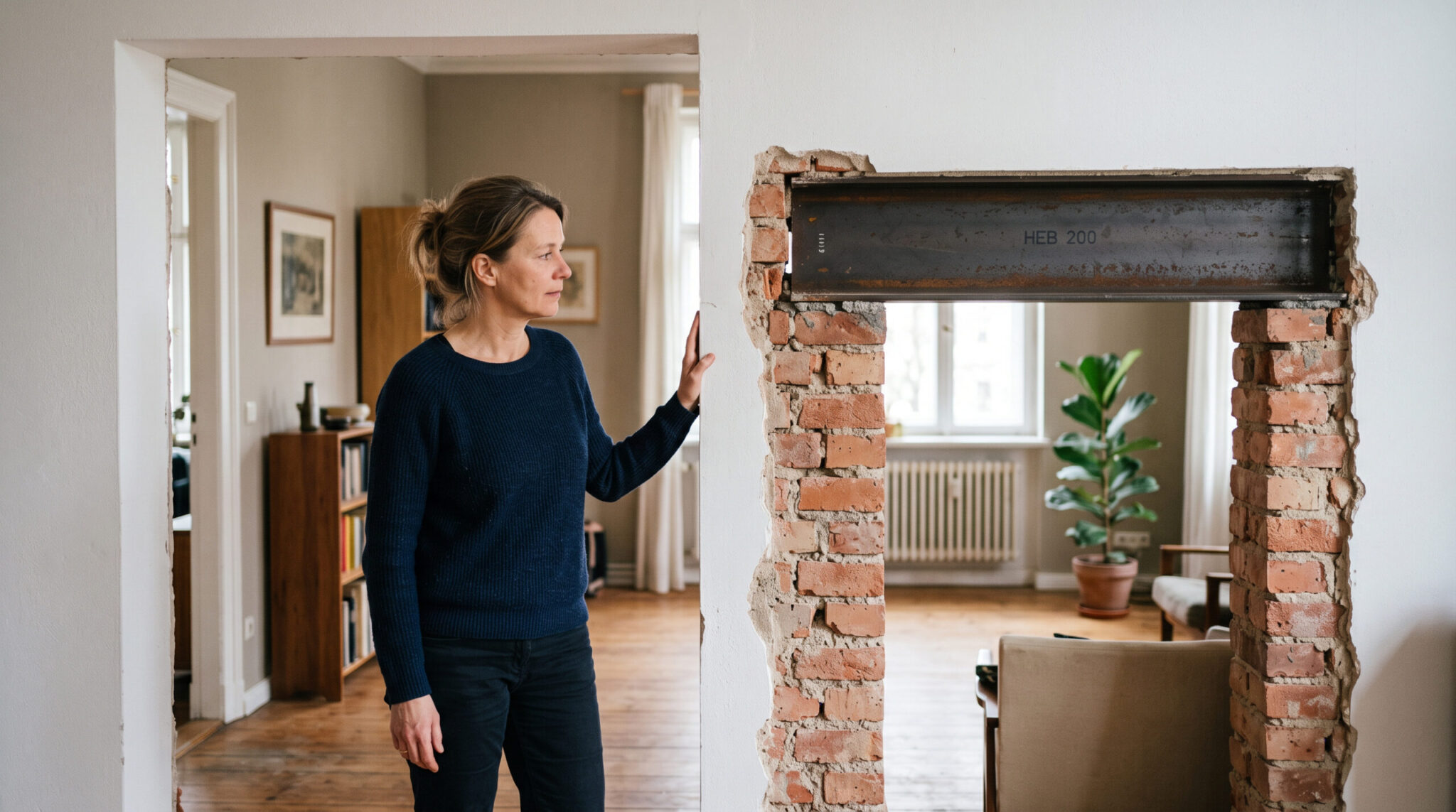 Wohnungseigentümer betrachtet Durchbruch in tragender Wand mit Stahlträger im Alltag der sanierten Immobilie.