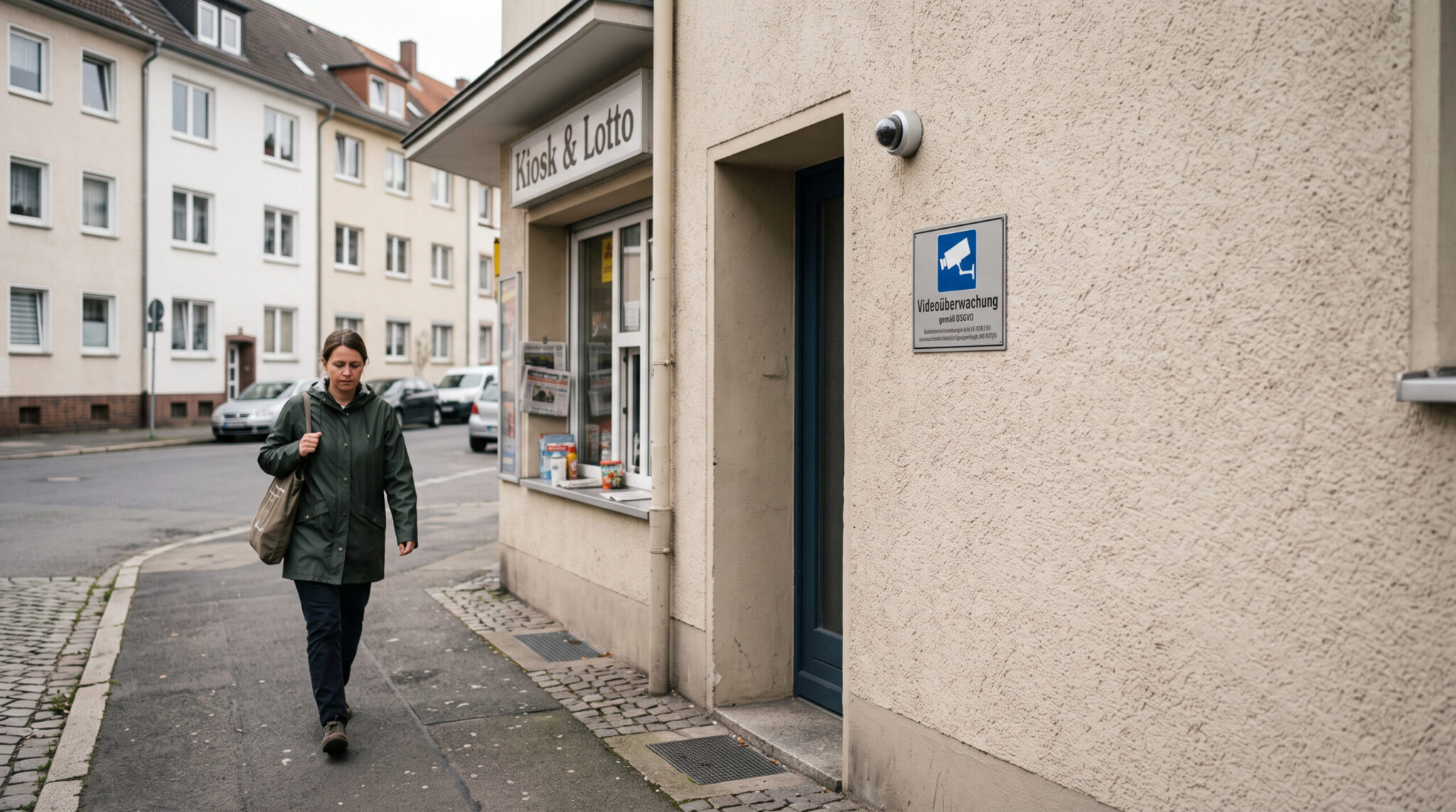 Kompakte Überwachungskamera im öffentlichen Blickfeld, die einen Gehweg vor einem Erdgeschossladen erfasst, während ein Passa