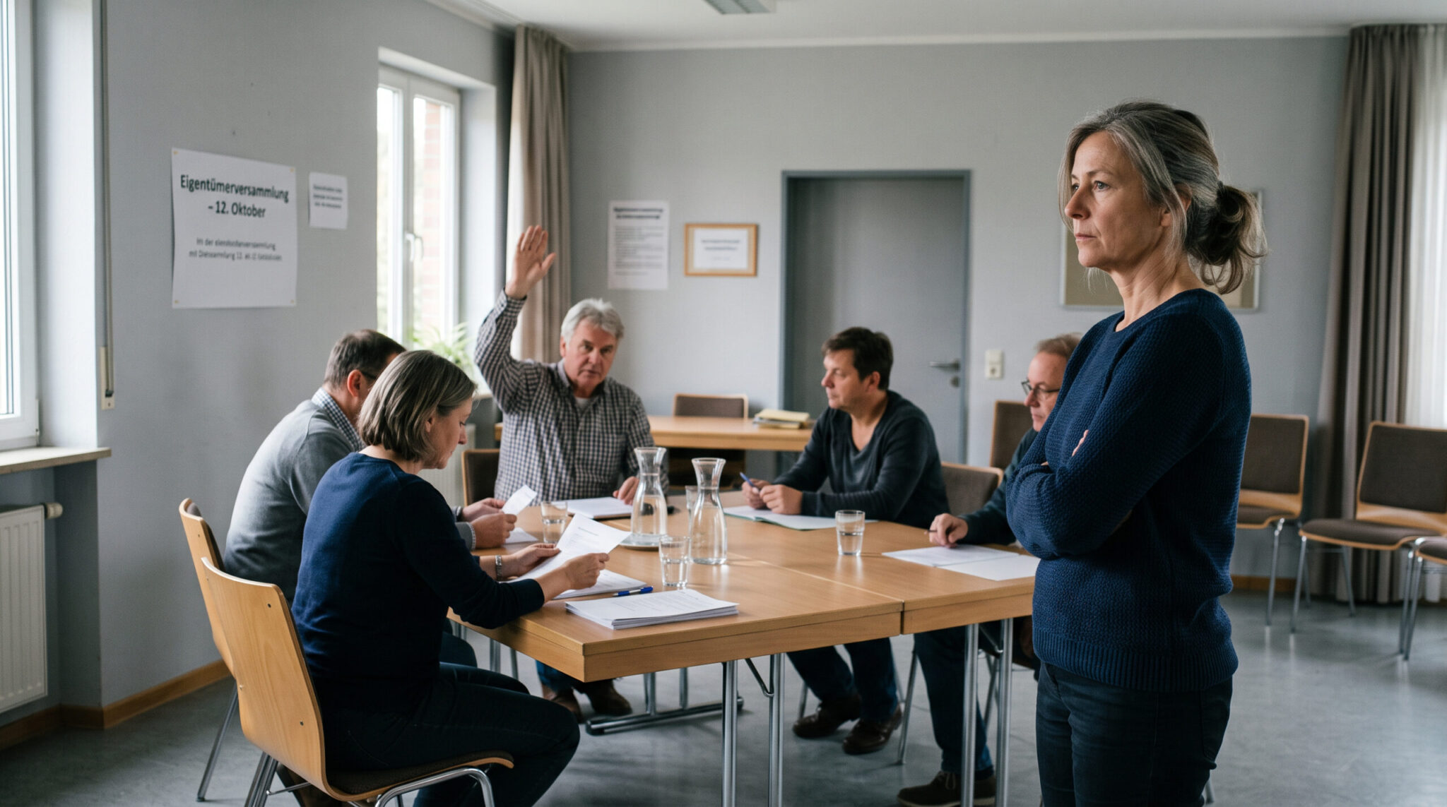 Frau sieht angespannt zu, wie die Gemeinschaft per Handabstimmung über die alleinige Kostenlast entscheidet.