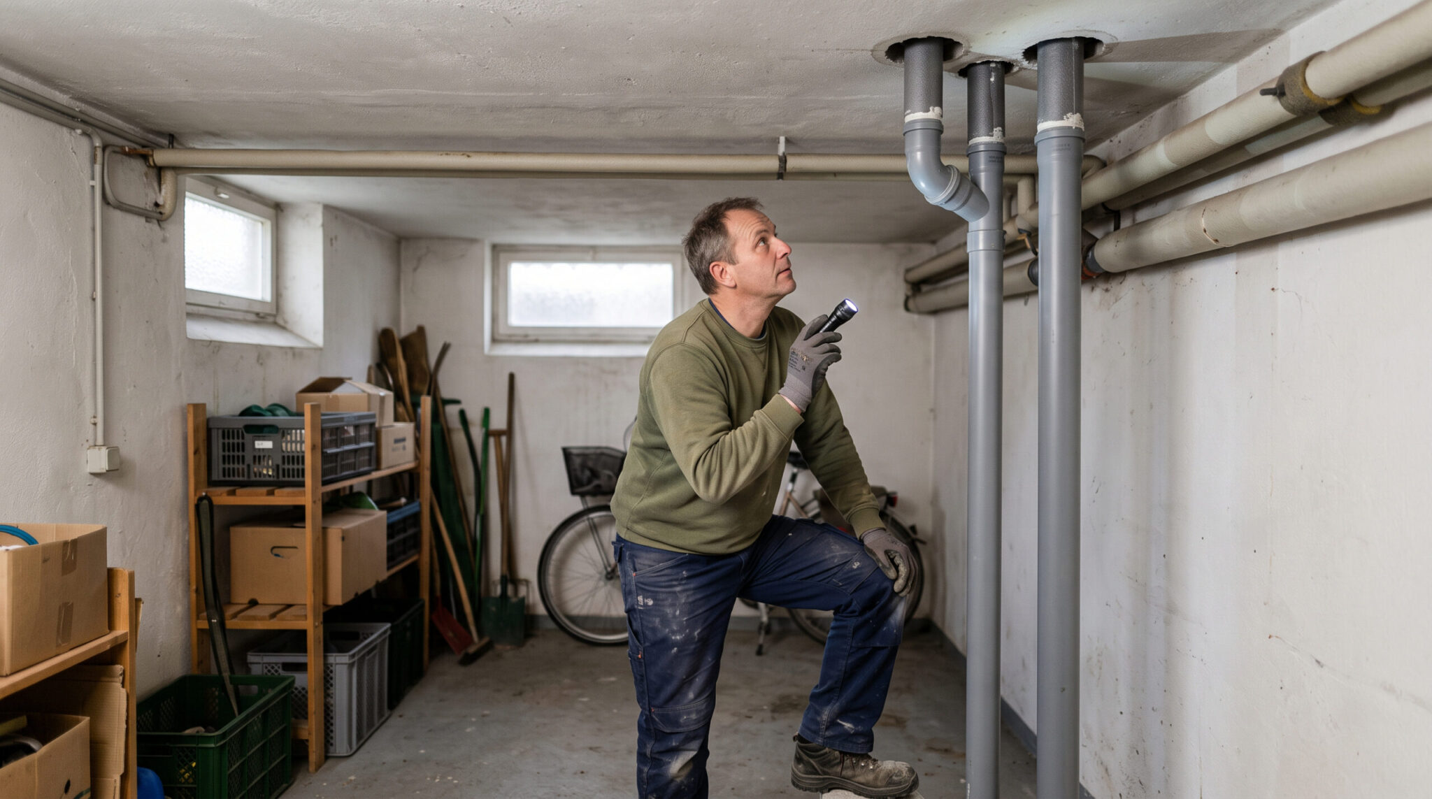 Handwerker prüft große Kernbohrungen in der Kellerdecke, durch die neu verlegte Abwasserrohre ragen.