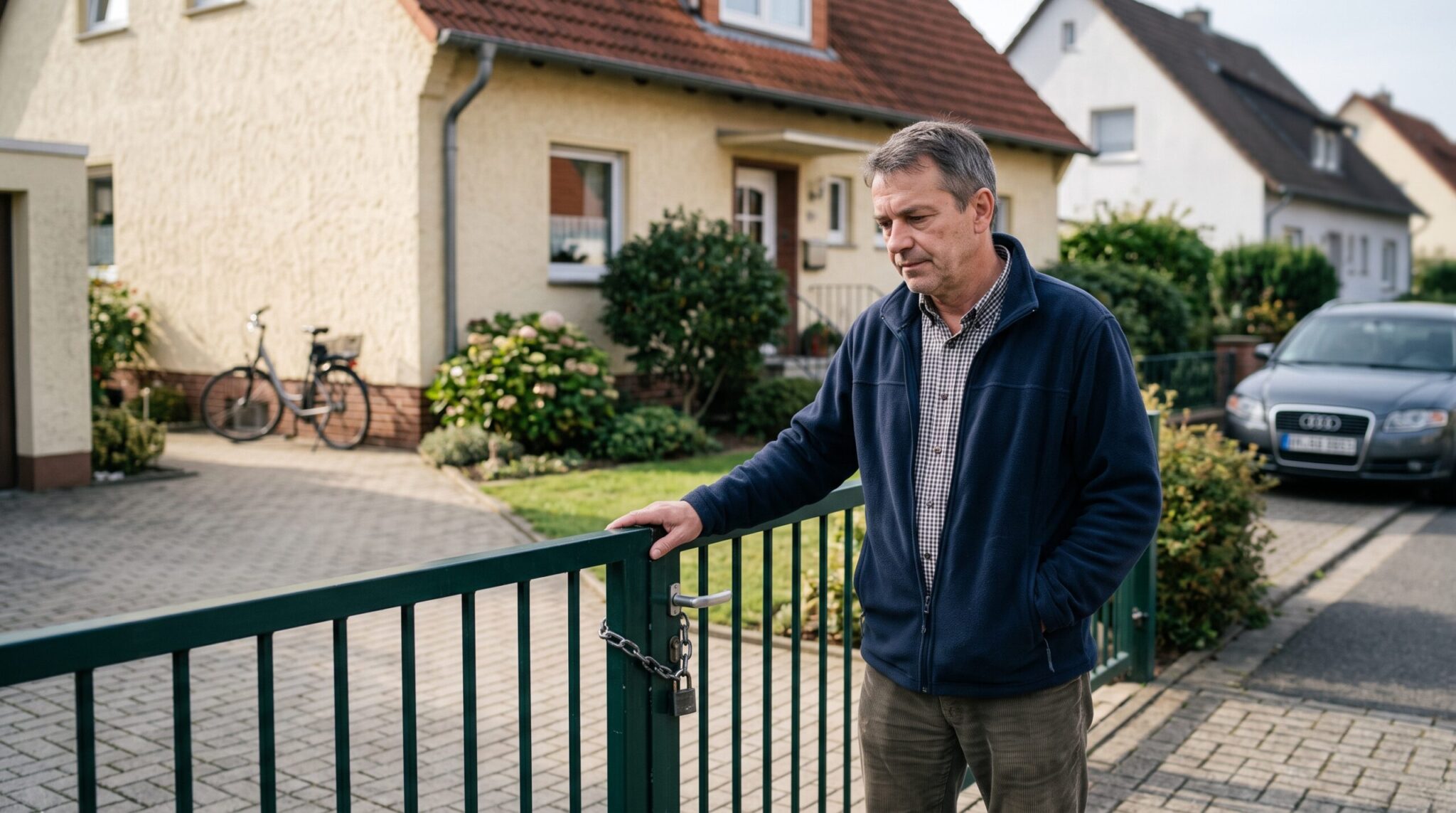 Mann mit Kaufvertrag vor geschlossenem Grundstückstor, ernüchterter Gesichtsausdruck, verwehrter Zugriff auf Versteigerung