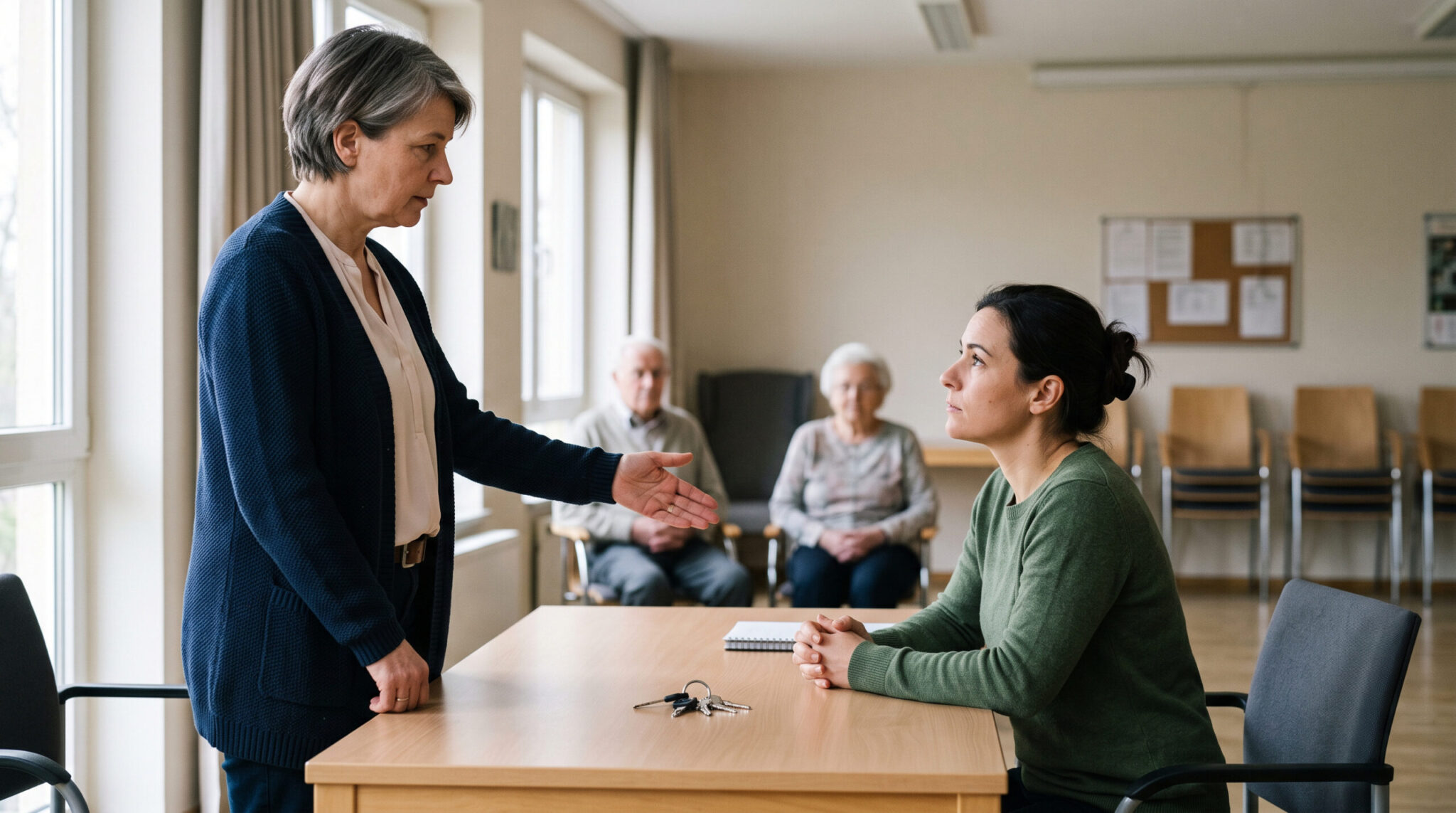 Wohnungseigentümer erklärt der sitzenden Verwalterin im Gemeinschaftsraum die sofortige Abberufung. Schlüsselbund liegt auf d