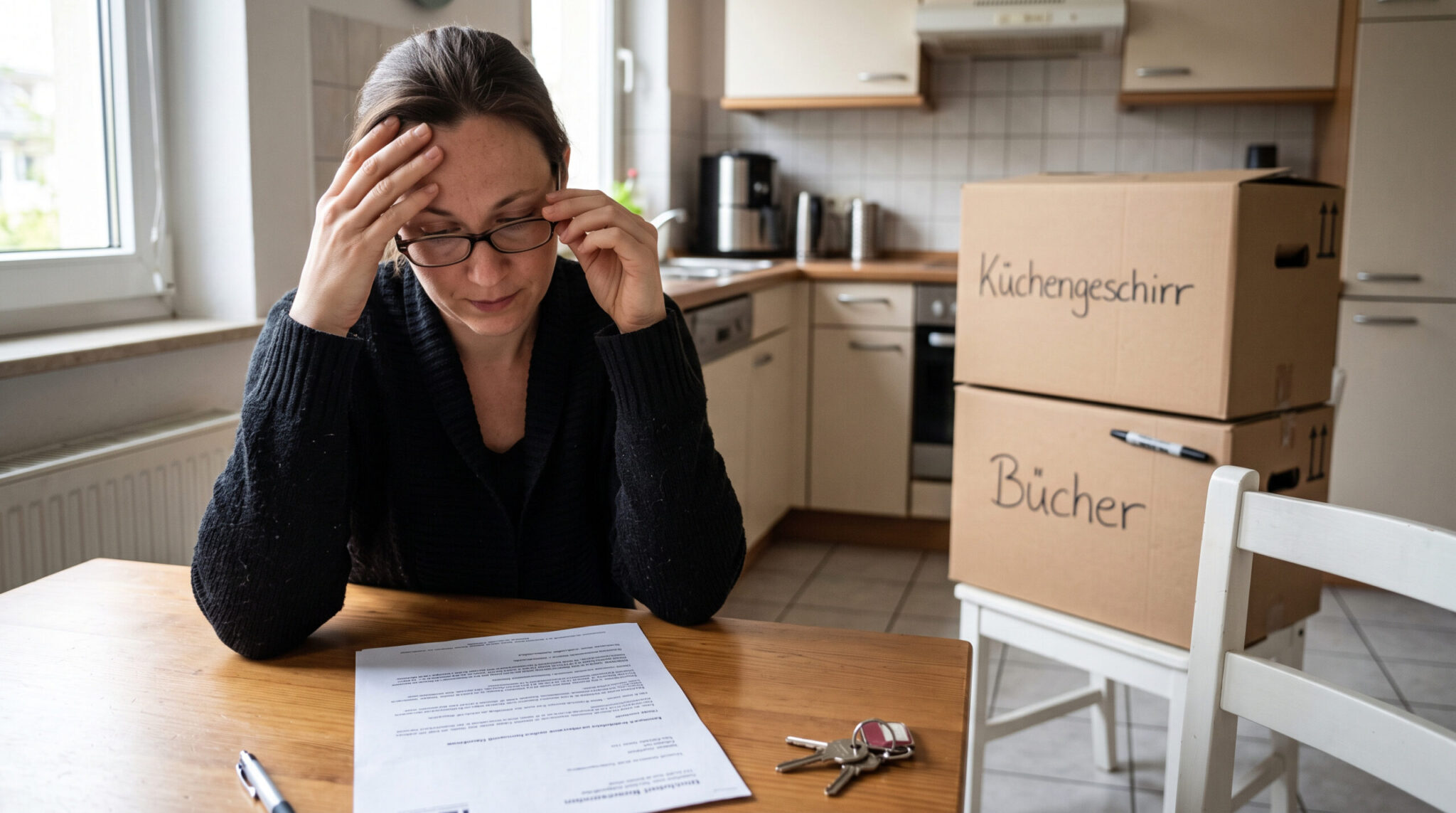 Frau liest Räumungskündigung am Küchentisch, neben Umzugskartons. Dokumentarische Alltagsszene.